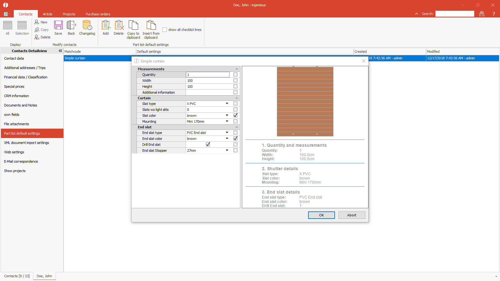 ingenious software customer partlist settings