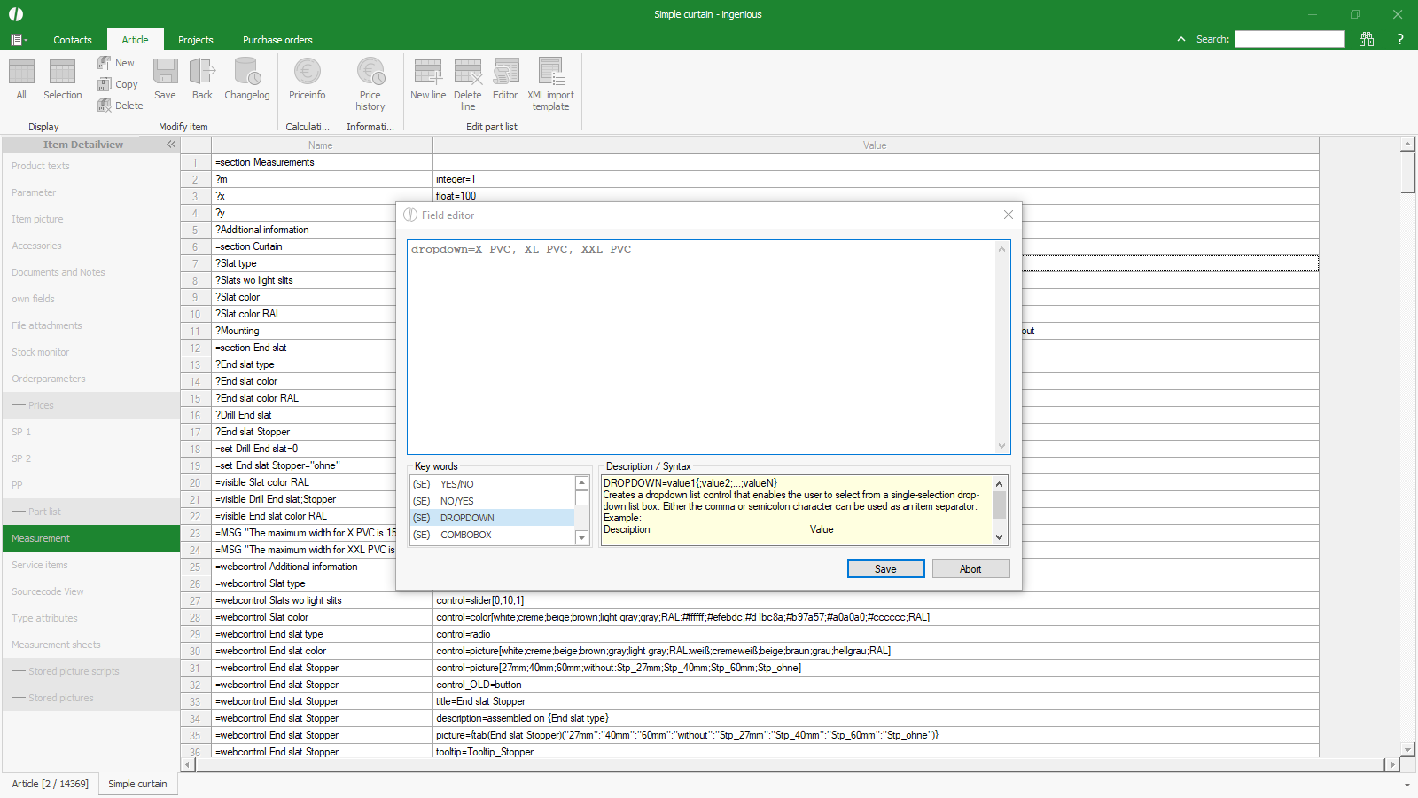 ingenious software partlist field editor