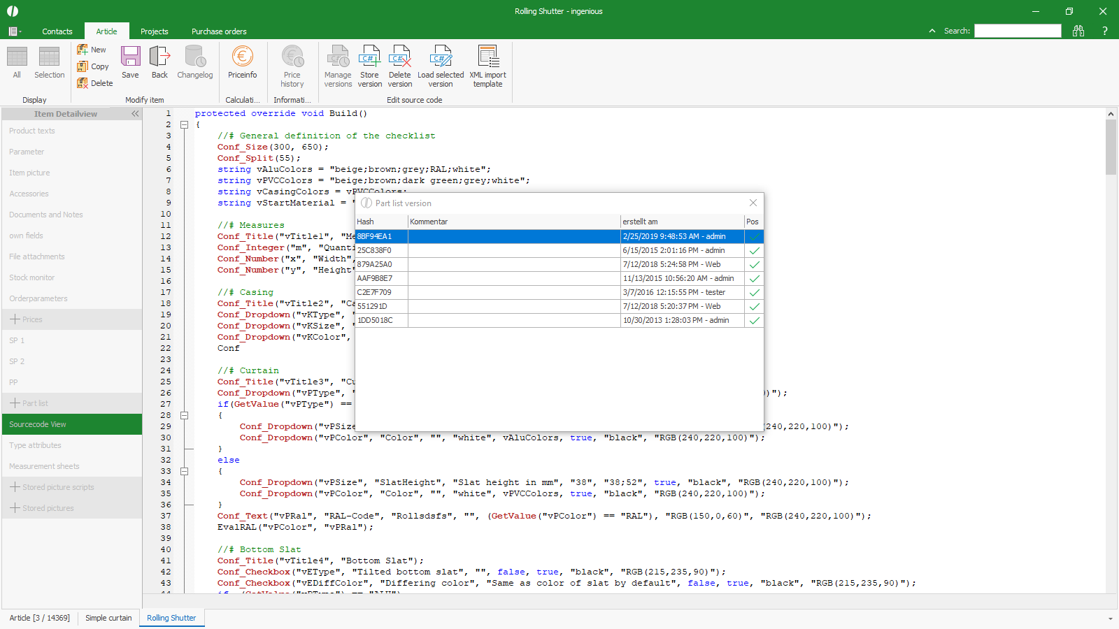 ingenious software partlist configurator version history