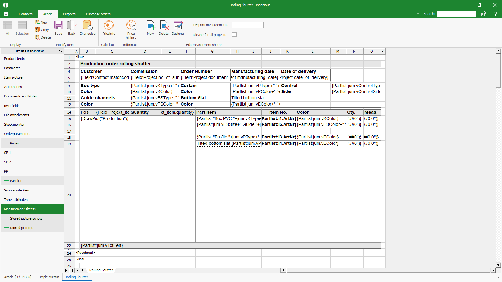 ingenious software partlist measurement sheet