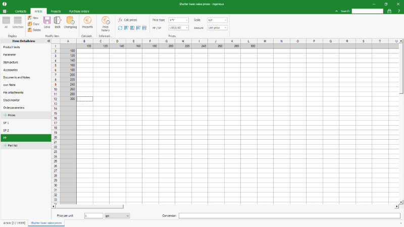 Click to Enlarge Labeling of the axes of a price matrix