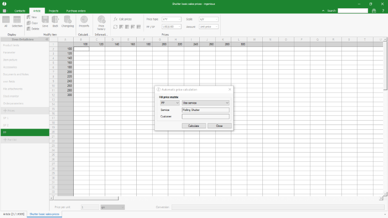 Click to Enlarge Calculating a price matrix with a part list