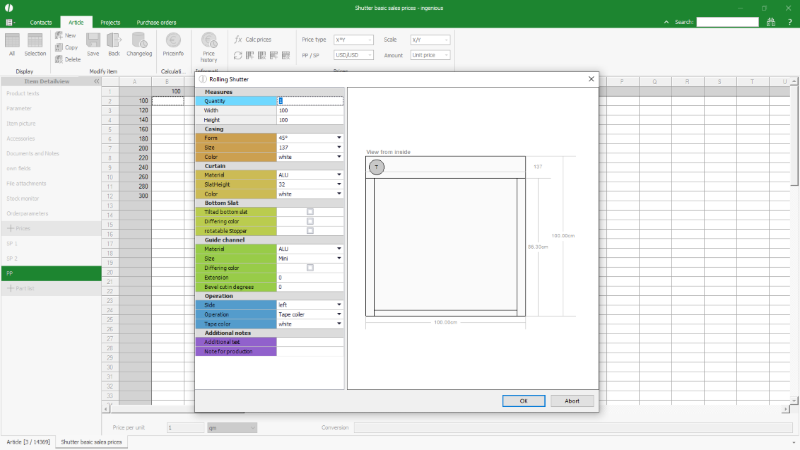 Click to Enlarge Configuration of the part list options for the price matrix