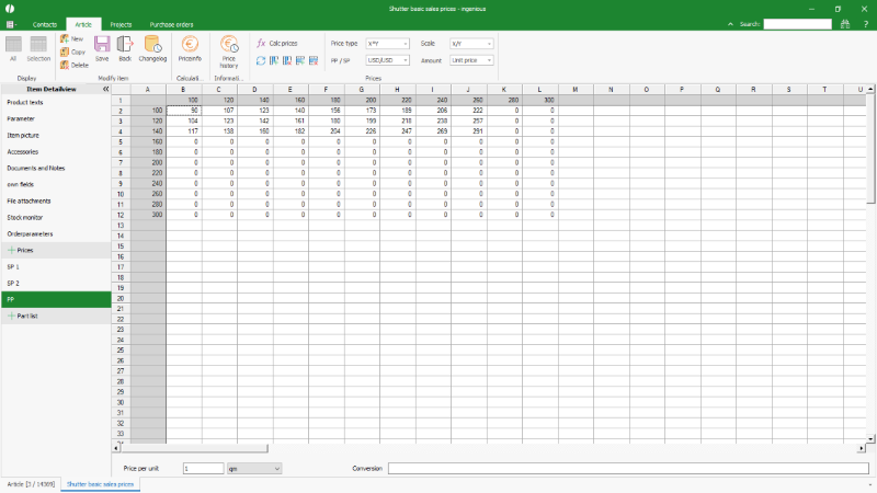 Click to Enlarge Finalised price matrix