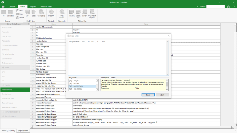 Click to Enlarge Field editor of the part list compatibility view