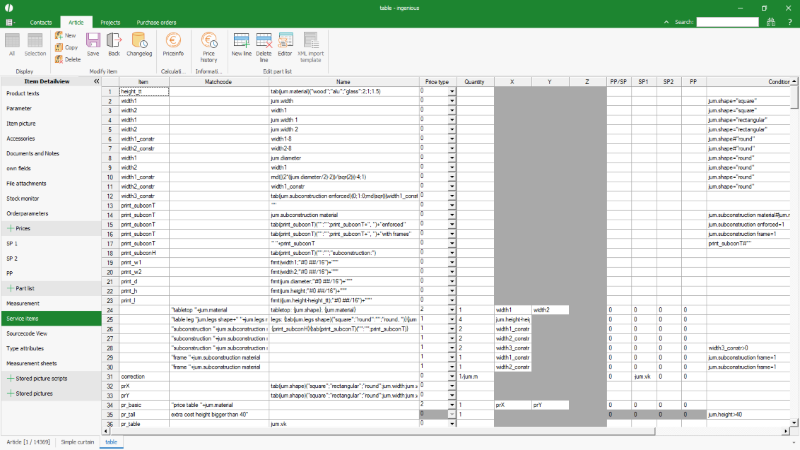 Click to Enlarge Compatibility view of the service items of a part list that was imported from a previous ingenious version