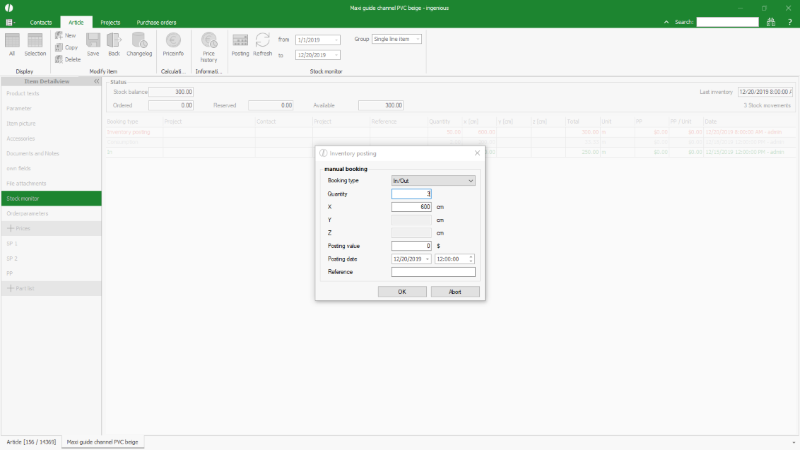 Manual stock posting of an article