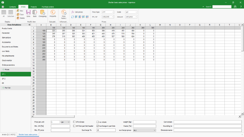 Click to Enlarge View of a two-dimensional price matrix