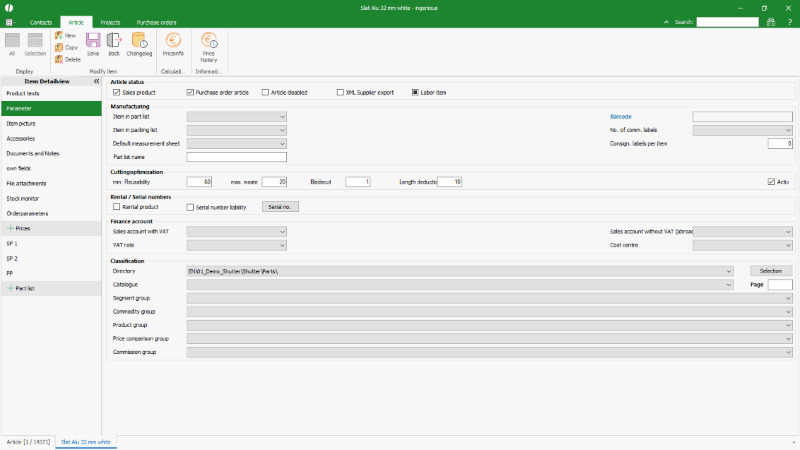 Click to Enlarge Article parameter