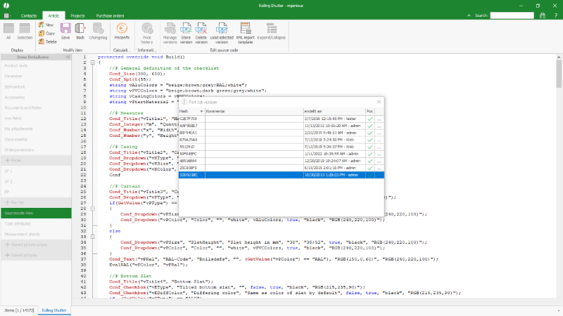 Click to Enlarge Version history of a partlist
