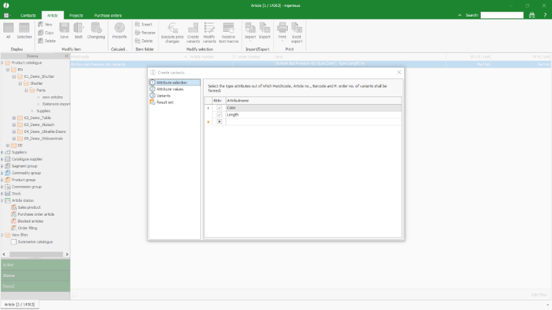 Click to Enlarge Selection of attributes for creating variants
