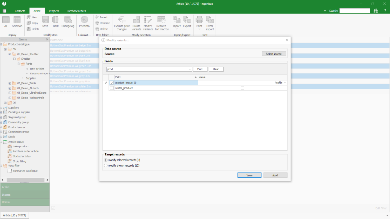 Click to Enlarge Modify variants with selection list