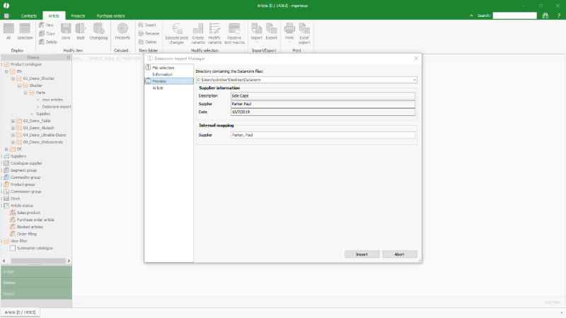 Click to Enlarge Supplier information Datanorm 5 import