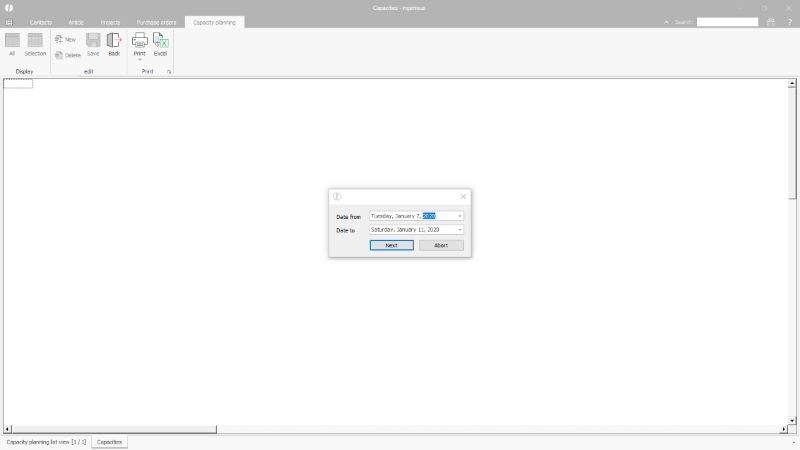 Click to Enlarge Date selection in the capacity planning