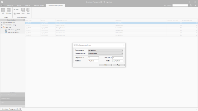 Click to Enlarge Modification of a commission