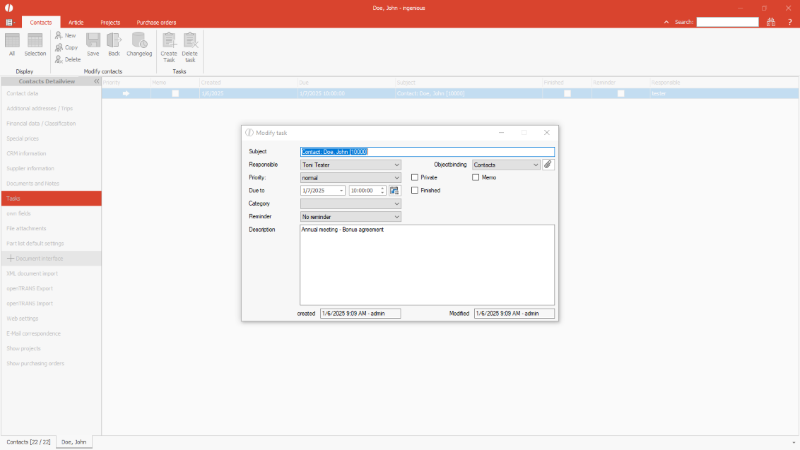 View and edit a task for the contact