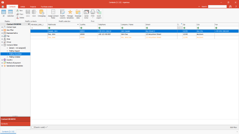 Contacts within the contact folder