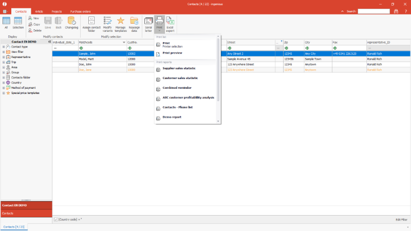 Print menue of contacts list view