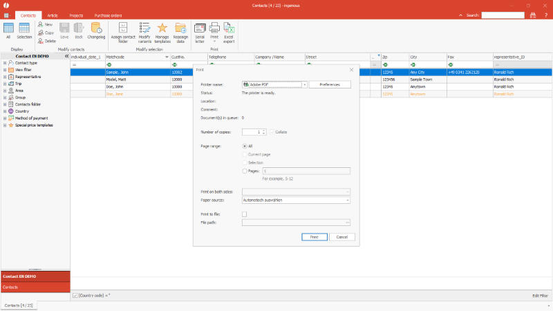 Windows print dialogue in contacts list