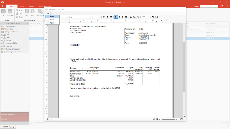 Preview of a collected reminder
