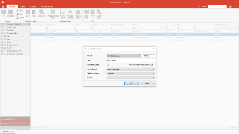 Configuration menu of a new print report