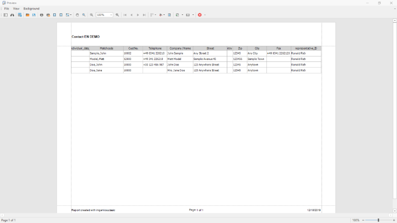 Print preview of a contacts list