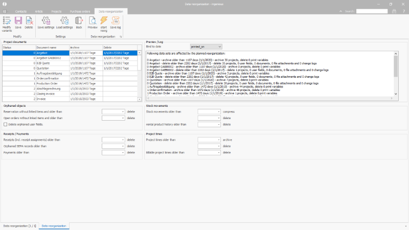 Click to Enlarge Settings of a data reorganization