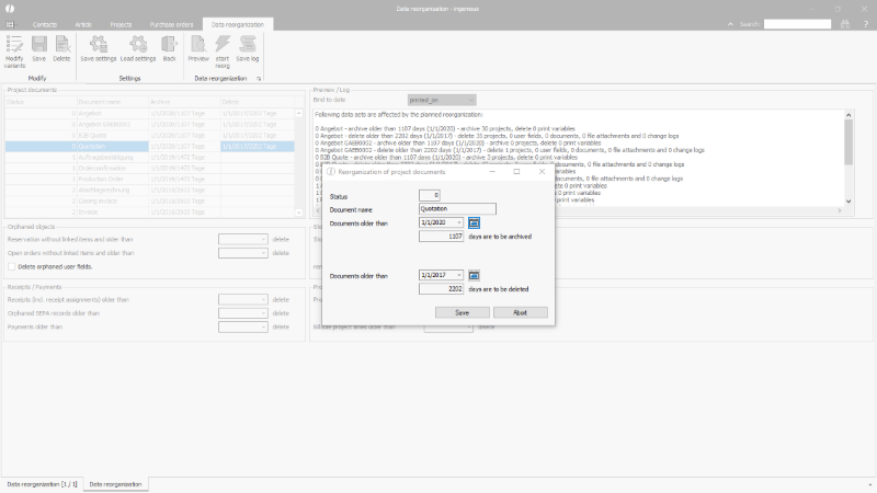 Click to Enlarge Parameters for the reorganization of the project documents