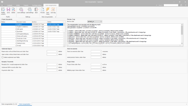 Click to Enlarge Log of an executed data reorganization