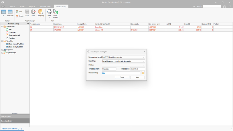 Accounting export of receipt documents