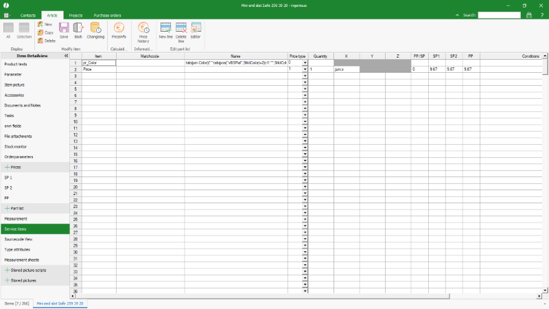 Service items for displaying text and price