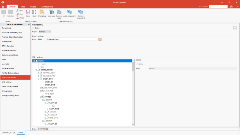 Settings openTRANS Export Heroal