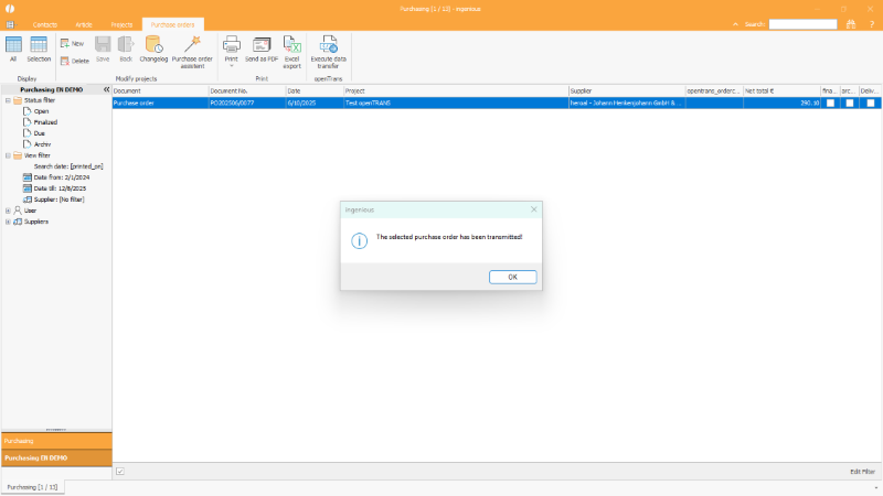 Heroal purchase order transferred via openTrans data transfer