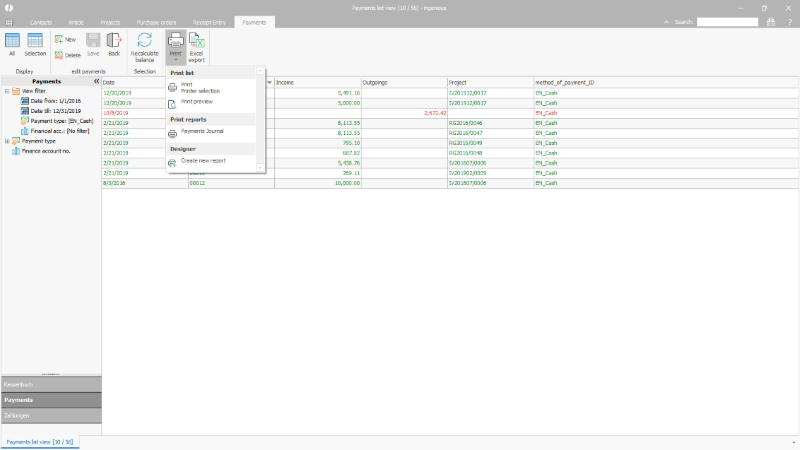 Print menu of the payments list view