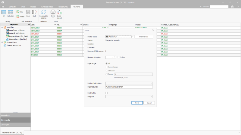 Print dialog of a payments list view