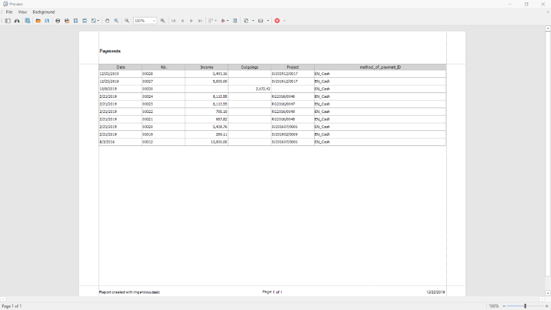 Print preview of a payments list