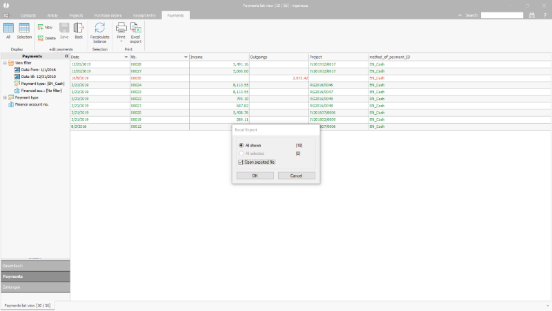 Selection query for the export of a payments list to Microsoft Excel