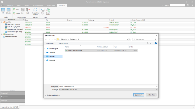 Windows dialog for saving the excel file