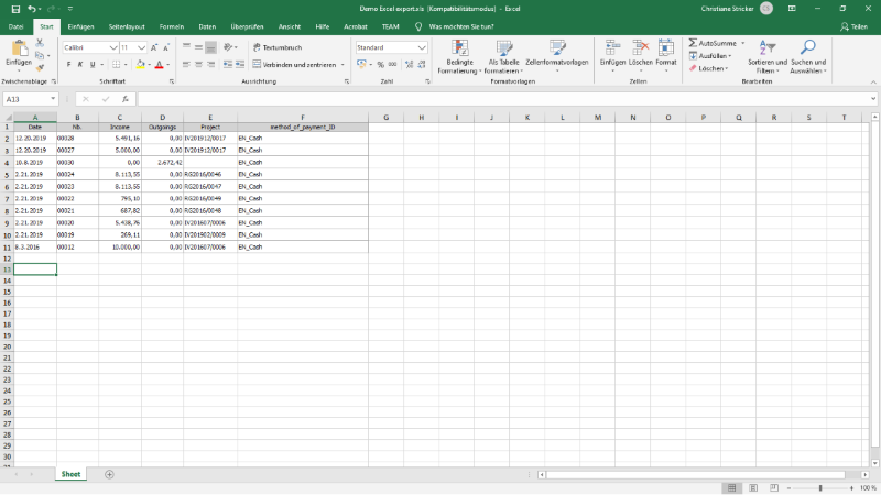 Payments list in Microsoft Excel