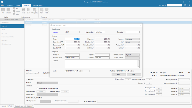 Recording of a payment for an invoice directly in the project