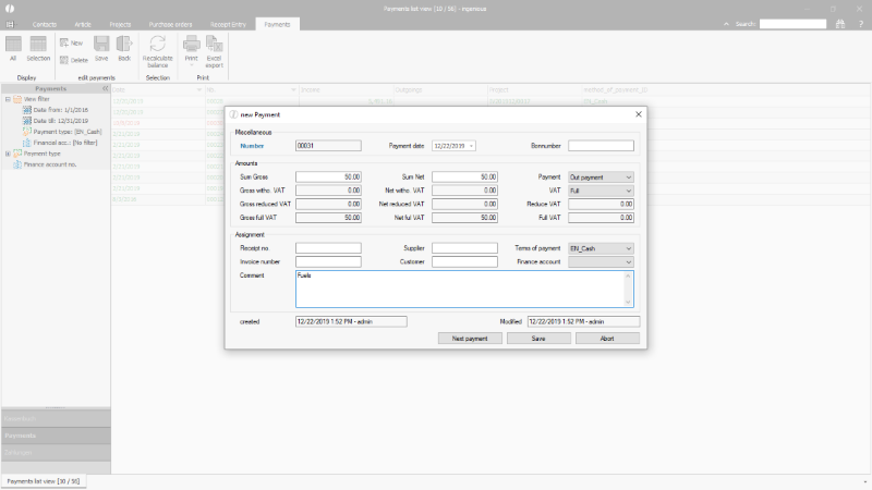 Recording of a payment without internal assignment