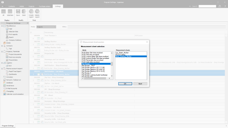 Click to Enlarge Additional dialog box for the selection of a measurement sheet