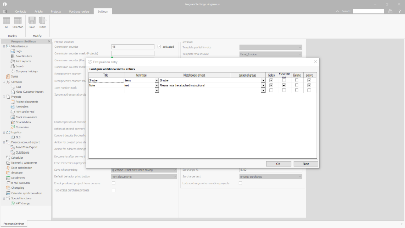 Click to Enlarge Global settings for projects - Configuration project item entries