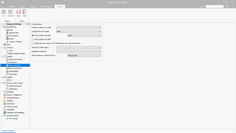 Click to Enlarge Program Settings for printing and sending