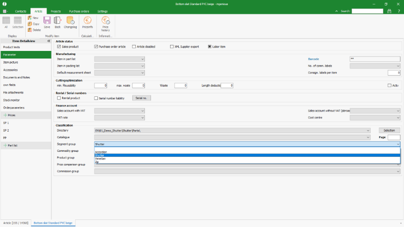 Click to Enlarge Example selection list in the article data