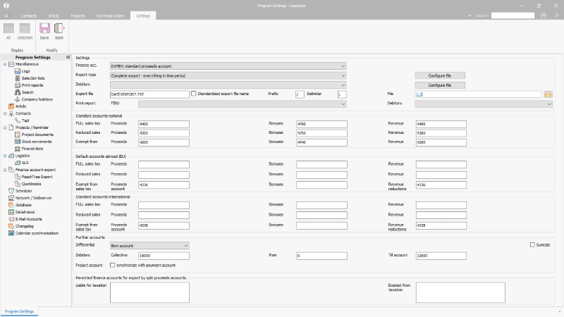 Click to Enlarge Miscellaneous configurations of the FIBU export