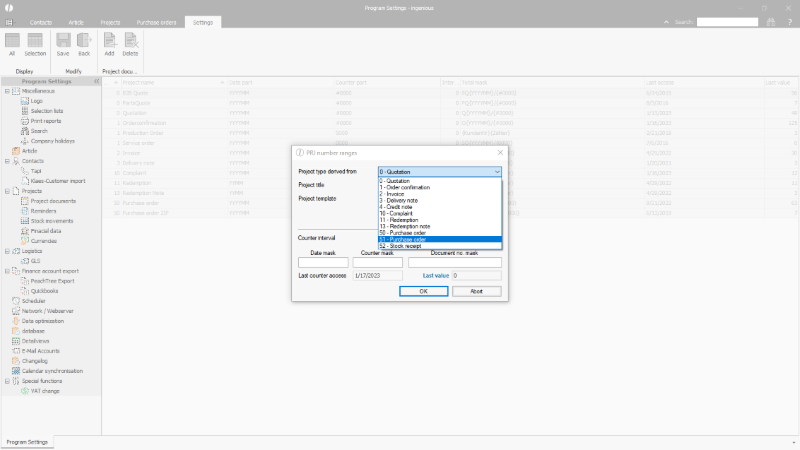 Click to Enlarge Configuration of the 51 purchase order and 52 stock receipt