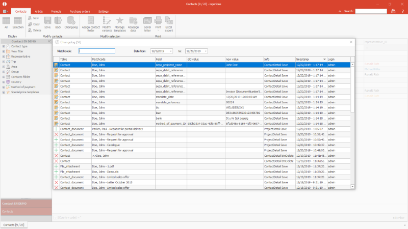 Changelog of the contact table