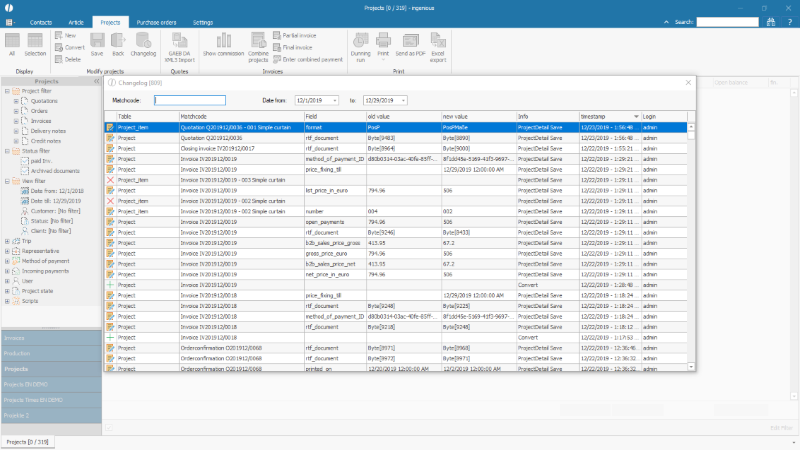 Changelog of the projects