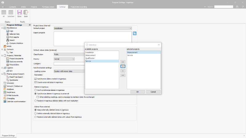Click to Enlarge Confiuration of the calendar synchronization